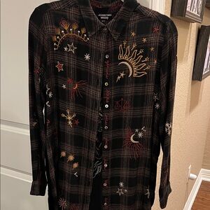 Johnny Was Dark Brown & Black Plaid Shirt with Embroidery & velvet back